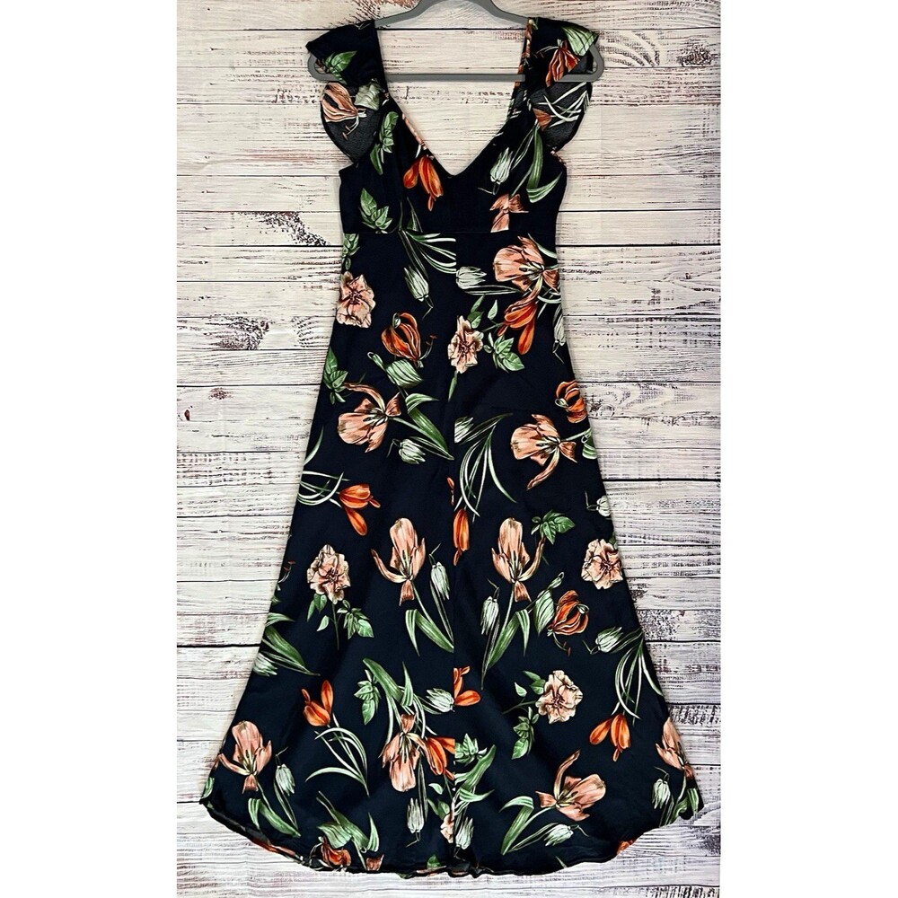 ASTR The Label Floral Flutter Sleeve V-Neck Midi Dress Black Small